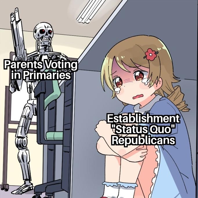 School choice meme shows parents voting in primaries as a terminator hunting Establishment "Status Quo" Republicans as frightened children hiding under a disk.